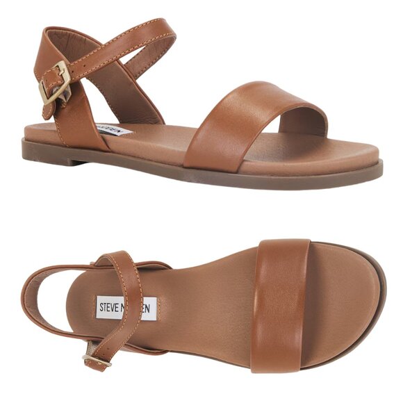 Steve Madden “Dina” Leather Flat Sandals (Brown) – New Without Tags - Picture 1 of 12
